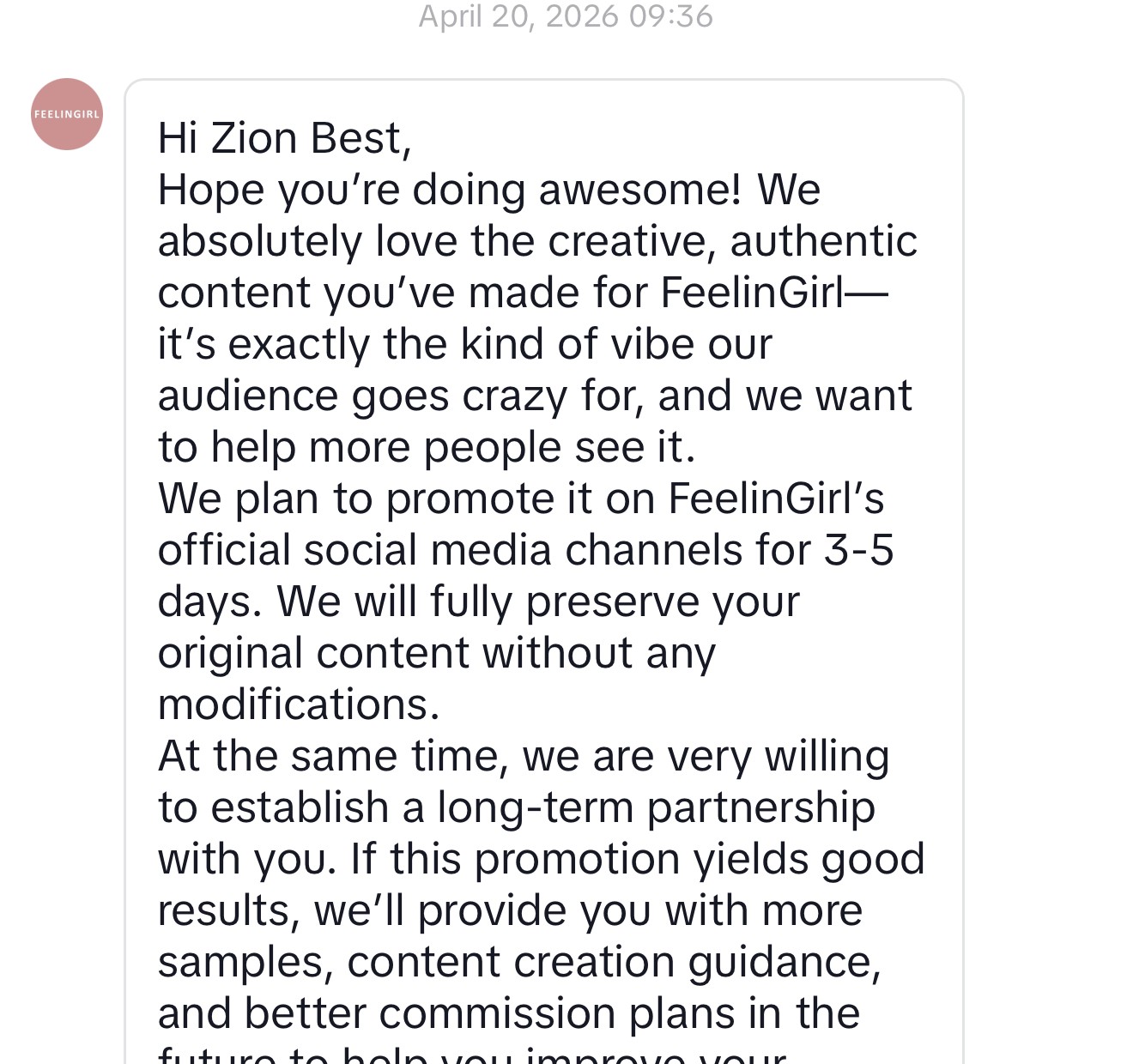 FeelinGirl partnership message